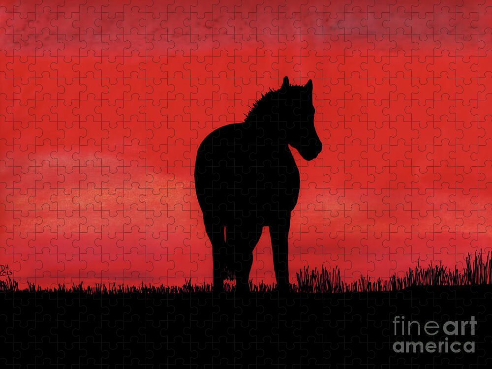 Horse Jigsaw Puzzle featuring the drawing Red Sunset Horse by D Hackett