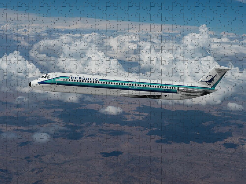 Republic Airlines Jigsaw Puzzle featuring the mixed media Republic Airlines Classic Livery DC-9-51 by Erik Simonsen