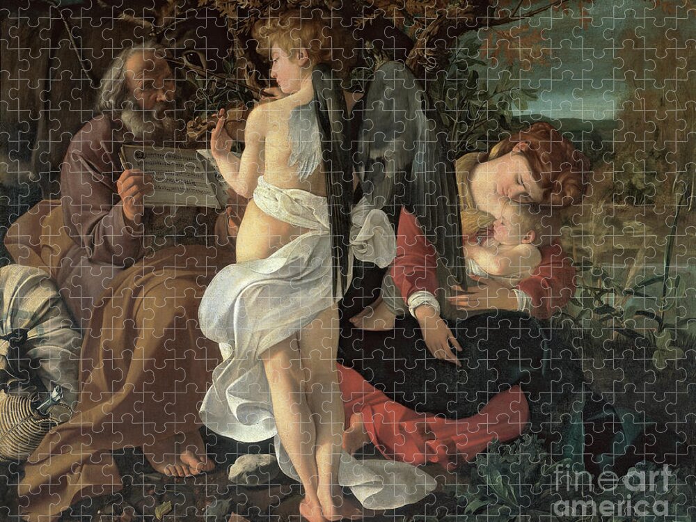 Caravaggio Jigsaw Puzzle featuring the painting Rest On The Flight Into Egypt, Circa 1603 by Michelangelo Merisi Da Caravaggio