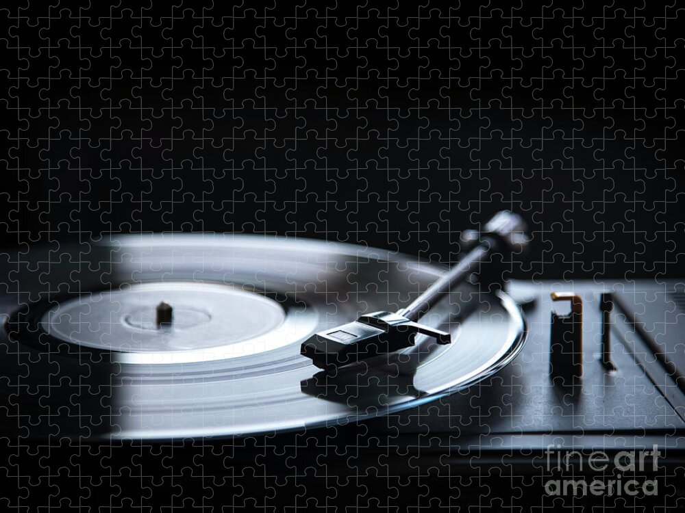 Gramophone Jigsaw Puzzle featuring the photograph Retro gramophone vinyl player over black background with copyspa by Jelena Jovanovic