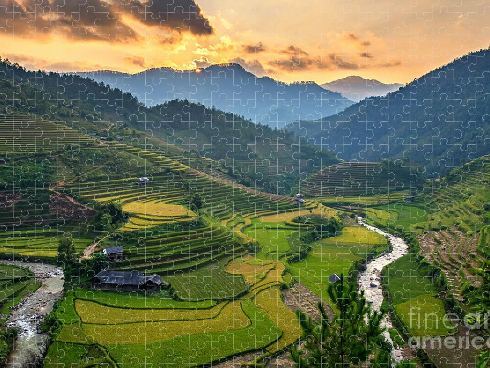 Sunshine Jigsaw Puzzle featuring the photograph Rice Field On Terraces Panoramic by Cw Pix