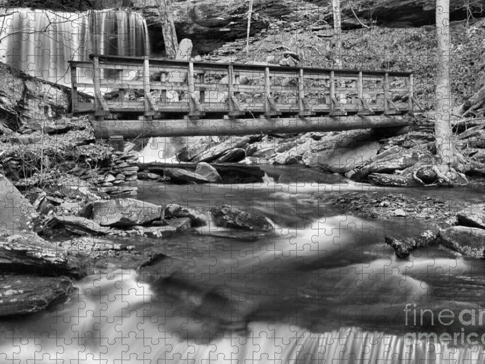 Glen Leigh Jigsaw Puzzle featuring the photograph Ricketts Glen Hiking Bridge Black And White by Adam Jewell