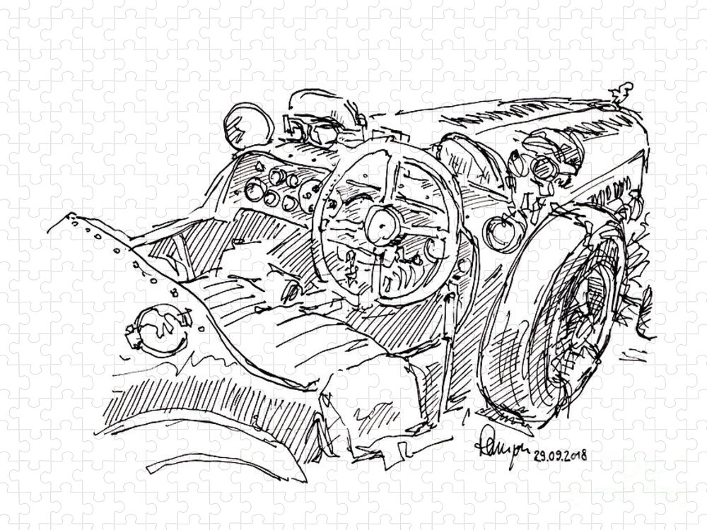 Classic Jigsaw Puzzle featuring the drawing Riley 12/4 Sport Special Classic Car Ink Drawing by Frank Ramspott