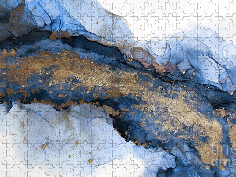 Mixed Media Horizontal Abstract Painting In Teal And Blue Jigsaw Puzzle featuring the painting River of Blue and Gold Abstract Painting by Alissa Beth Photography
