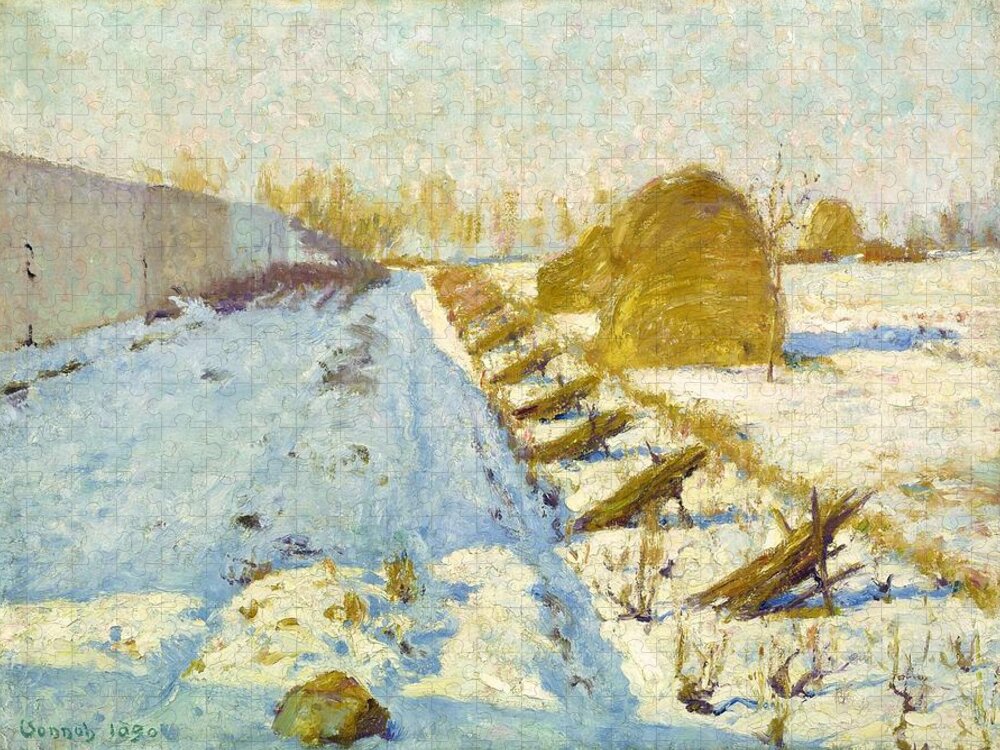 Scene Jigsaw Puzzle featuring the painting Robert William Vonnoh - Winter Sun and Shadow 1890 by Celestial Images