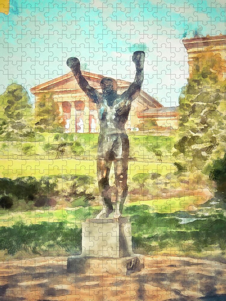 Philly Jigsaw Puzzle featuring the mixed media Rocky At The Art Museum by Trish Tritz