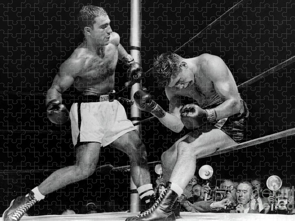 Rocky Jigsaw Puzzle featuring the photograph Rocky Marciano has Roland Lastarza On The Ropes 1953 by Doc Braham
