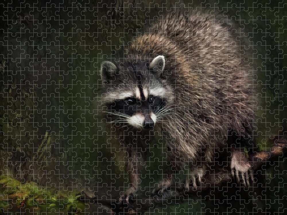 Raccoon Jigsaw Puzzle featuring the painting Rocky Raccoon by Jeanette Mahoney