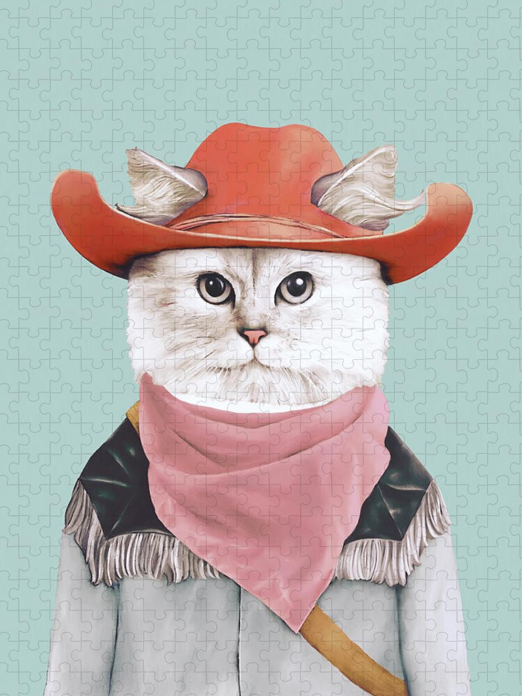 #faatoppicks Rodeo Cat Cowboy Cat Quirky Cat Whimsical Cats Animals In Suits Animals In Clothes Well Dressed Animals Animal Portrait Animal Crew Animal Painting Illustrated Animals Whimsical Illustrated Animals Whimsical Animals Quirky Animals Quirky Quirky Artwork Quirky Paintings Quirky Prints Quirky Decor Quirky Cushions Fun Artwork Lovable Animals Animal Characters Dapper Retro Modern Girls Room Fun Room Decor Jigsaw Puzzle featuring the painting Rodeo Cat by Animal Crew