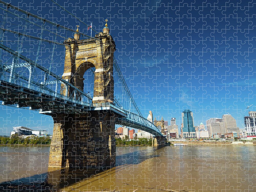 Downtown District Jigsaw Puzzle featuring the photograph Roebling Suspension Bridge And by Davel5957