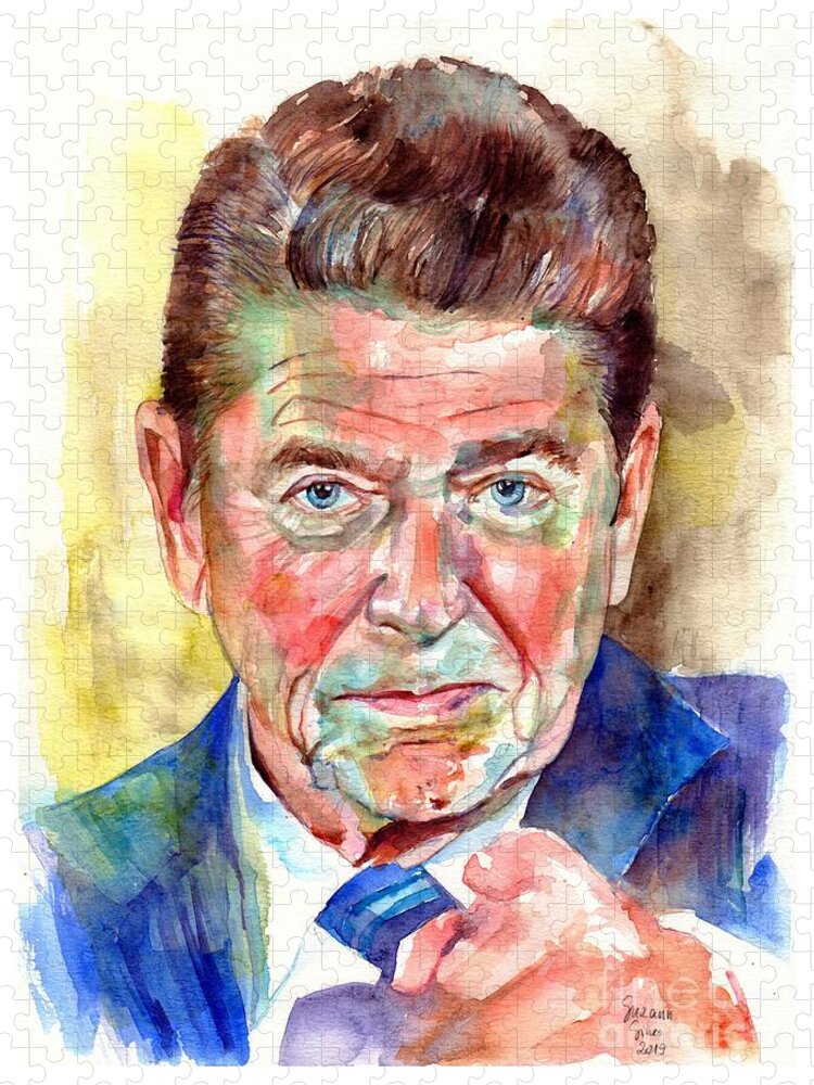Ronald Jigsaw Puzzle featuring the painting Ronald Reagan portrait by Suzann Sines