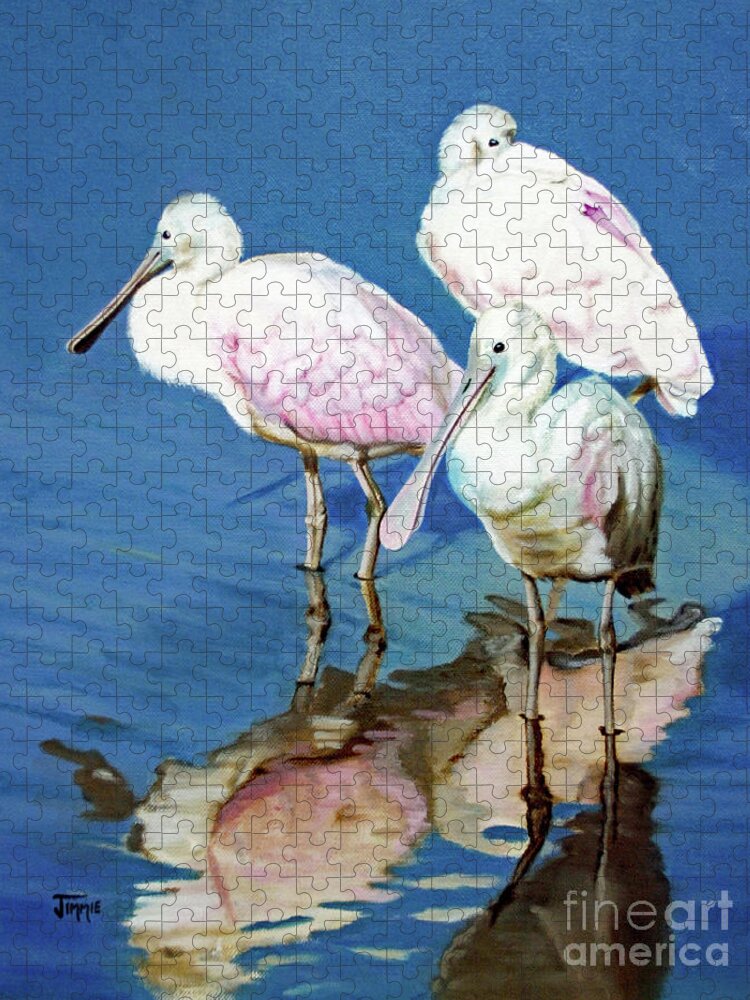 Roseate Spoonbill Jigsaw Puzzle featuring the painting Roseate Spoonbill Trio by Jimmie Bartlett
