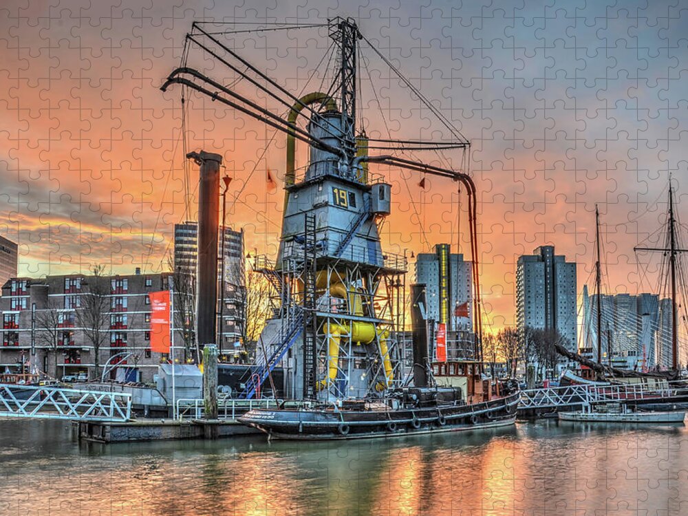Rotterdam Jigsaw Puzzle featuring the photograph Rotterdam, Leuvehaven under a blood-red sky by Frans Blok