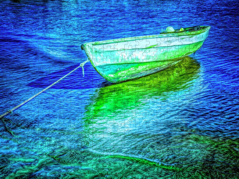 Boats Jigsaw Puzzle featuring the photograph Rowboat in Vivid Blues by Debra and Dave Vanderlaan