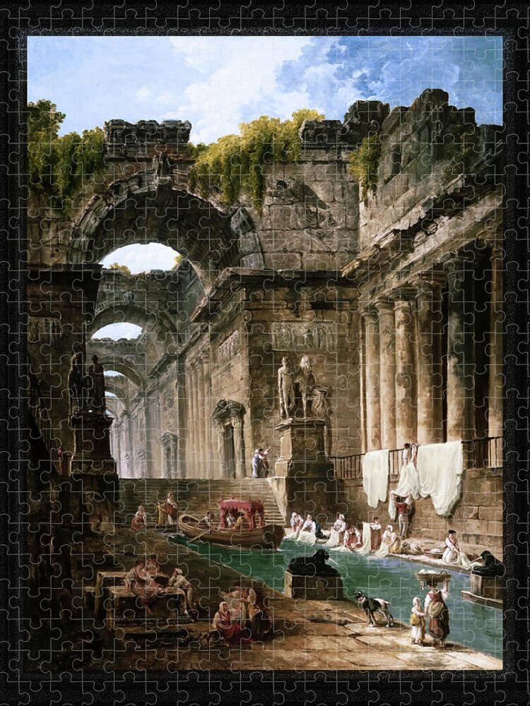 Ruins Of A Roman Bath With Washerwomen Jigsaw Puzzle featuring the painting Ruins Of A Roman Bath With Washerwomen by Hubert Robert by Xzendor7