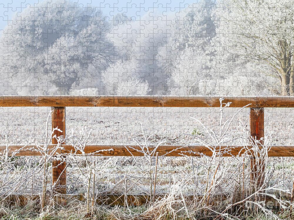 Landscape Jigsaw Puzzle featuring the photograph Rural winter snow scene and fence by Simon Bratt