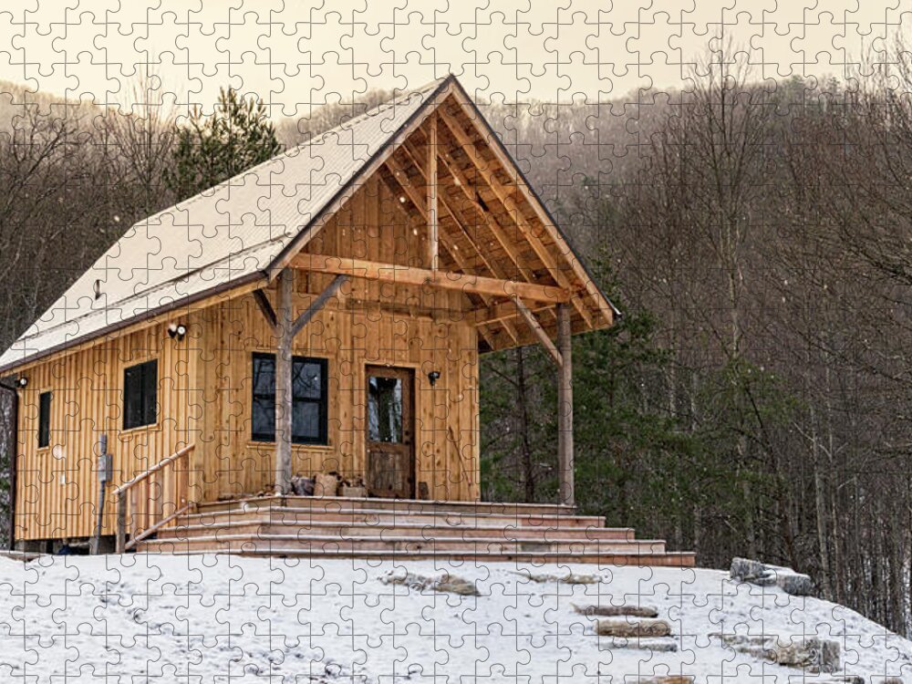 Recreational Pursuit Jigsaw Puzzle featuring the photograph Rustic Appalachian Cabin In Snow by Wbritten