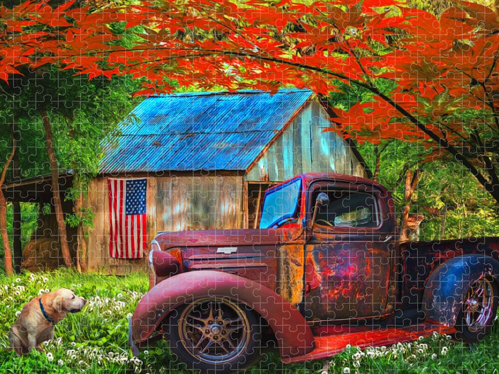 1936 Jigsaw Puzzle featuring the photograph Rusty Old Truck on the Farm Watercolor Painting by Debra and Dave Vanderlaan