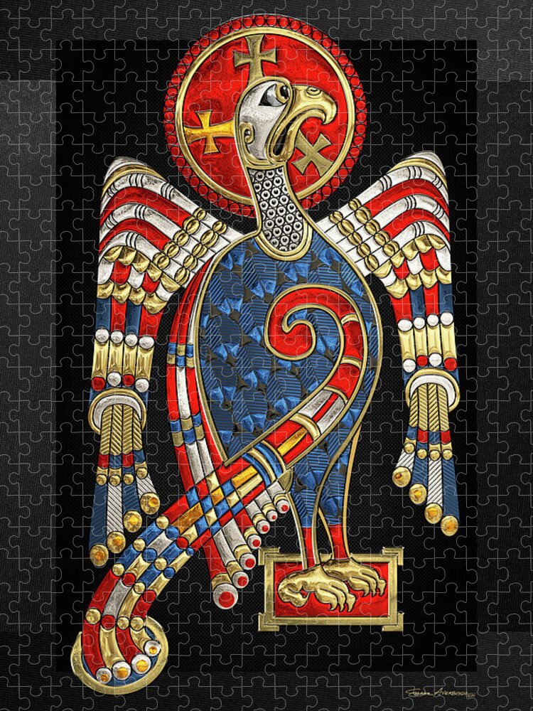 ‘celtic Treasures’ Collection By Serge Averbukh Jigsaw Puzzle featuring the digital art Sacred Celtic Eagle over Black Canvas by Serge Averbukh