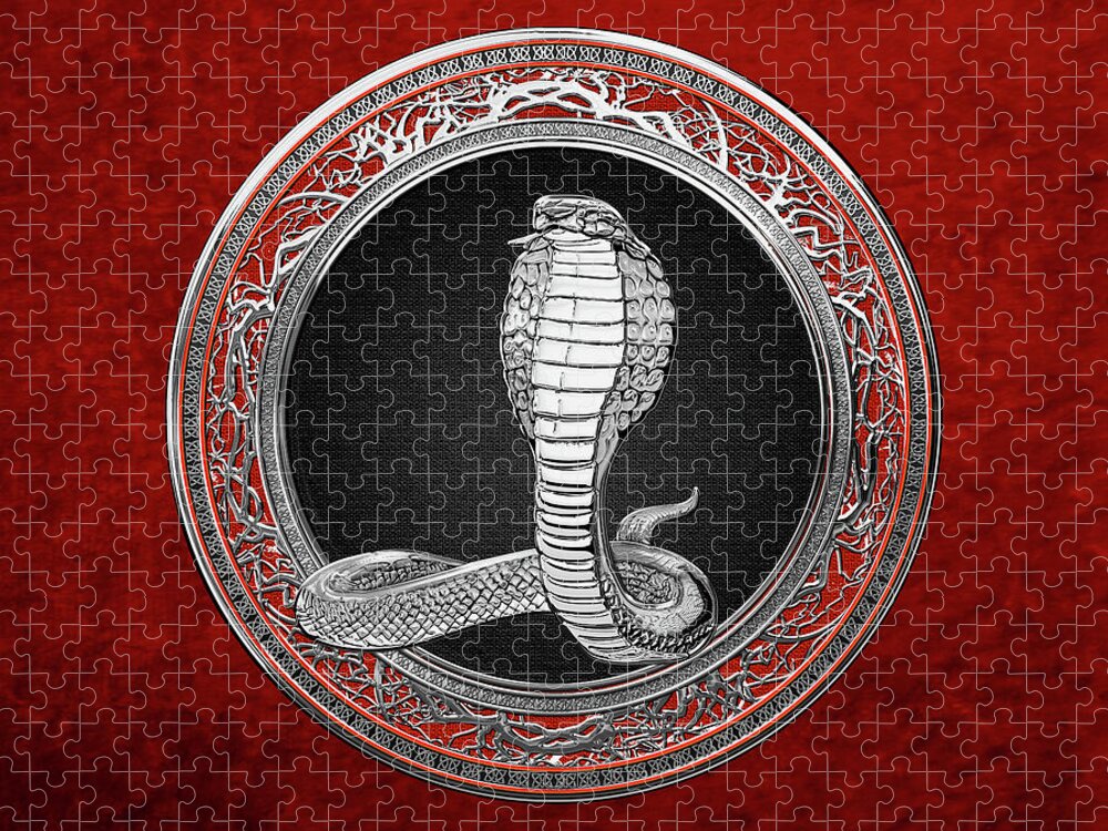 'beasts Creatures And Critters' Collection By Serge Averbukh Jigsaw Puzzle featuring the digital art Sacred Silver King Cobra on Red Canvas by Serge Averbukh