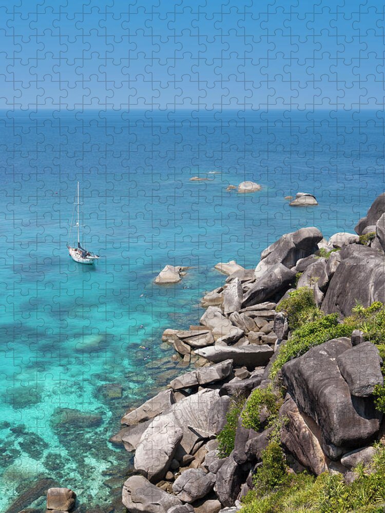 Tranquility Jigsaw Puzzle featuring the photograph Sailboat And Granite Rocks At Ko by Holger Leue
