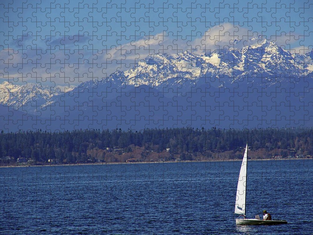 Lake Jigsaw Puzzle featuring the photograph Sailboat on Puget Sound with Olympic mountains by Steve Estvanik