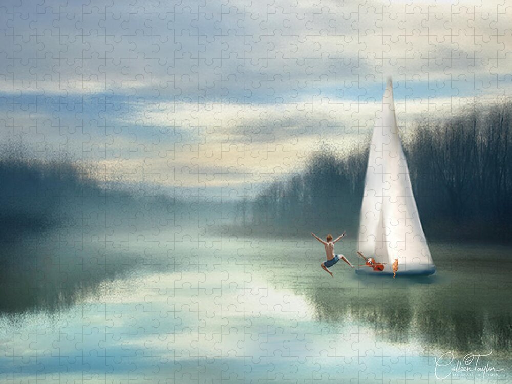 Sailing Boats Jigsaw Puzzle featuring the mixed media Sailing Down the River by Colleen Taylor