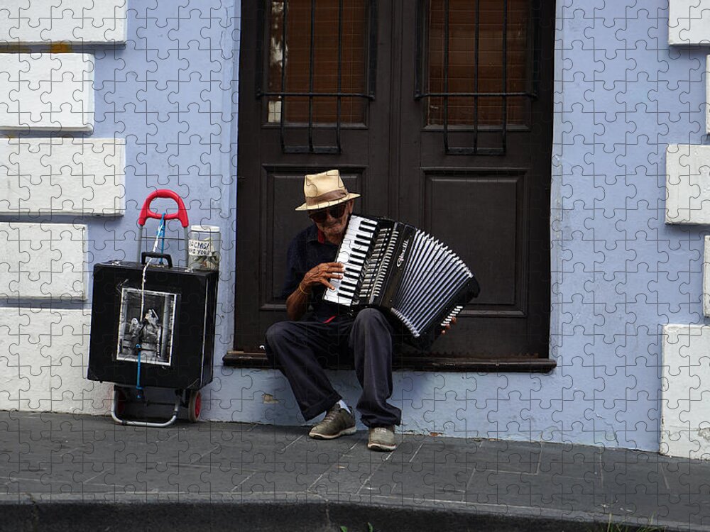 Richard Reeve Jigsaw Puzzle featuring the photograph San Juan Accordion Player - 5 years on by Richard Reeve