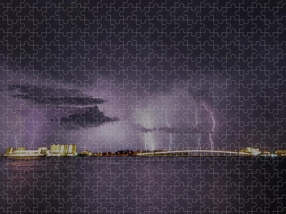Clouds Jigsaw Puzzle featuring the photograph Sand Key Bridge Lightning by Joe Leone