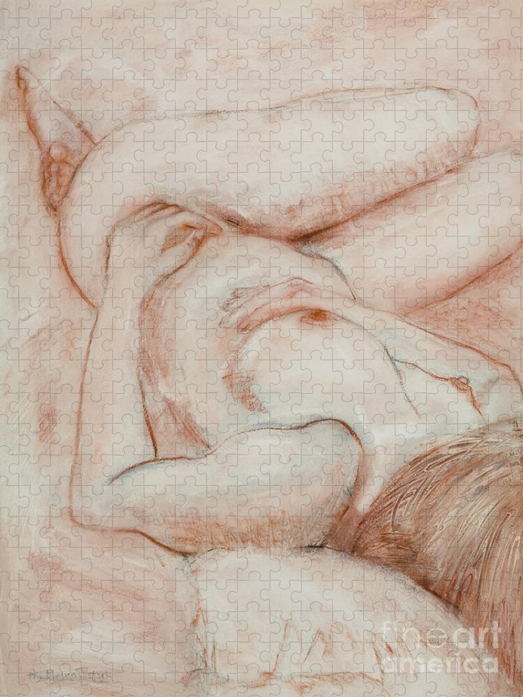 Female Jigsaw Puzzle featuring the drawing Sanguine Nude by Kerryn Madsen-Pietsch