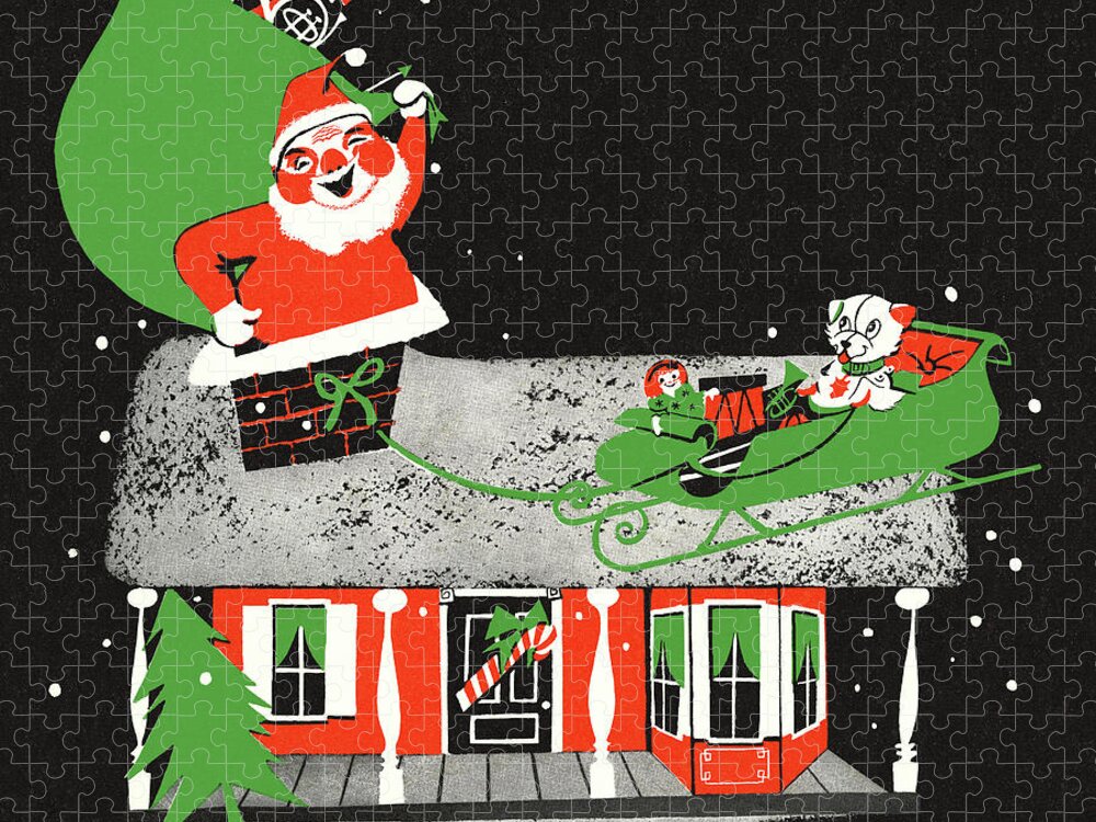 Bag Jigsaw Puzzle featuring the drawing Santa Claus on the Roof of a House by CSA Images