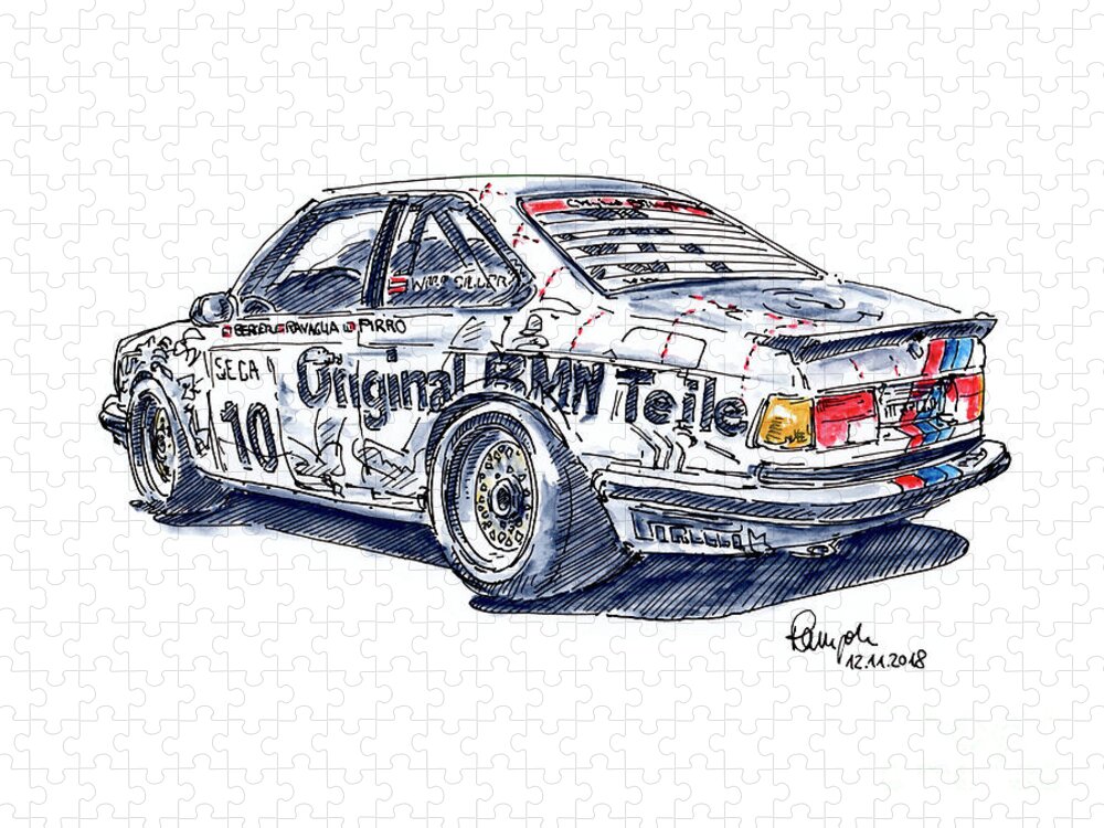 Bmw Jigsaw Puzzle featuring the drawing Schnitzer BMW 635 CSi Racecar Ink Drawing and Watercolor by Frank Ramspott