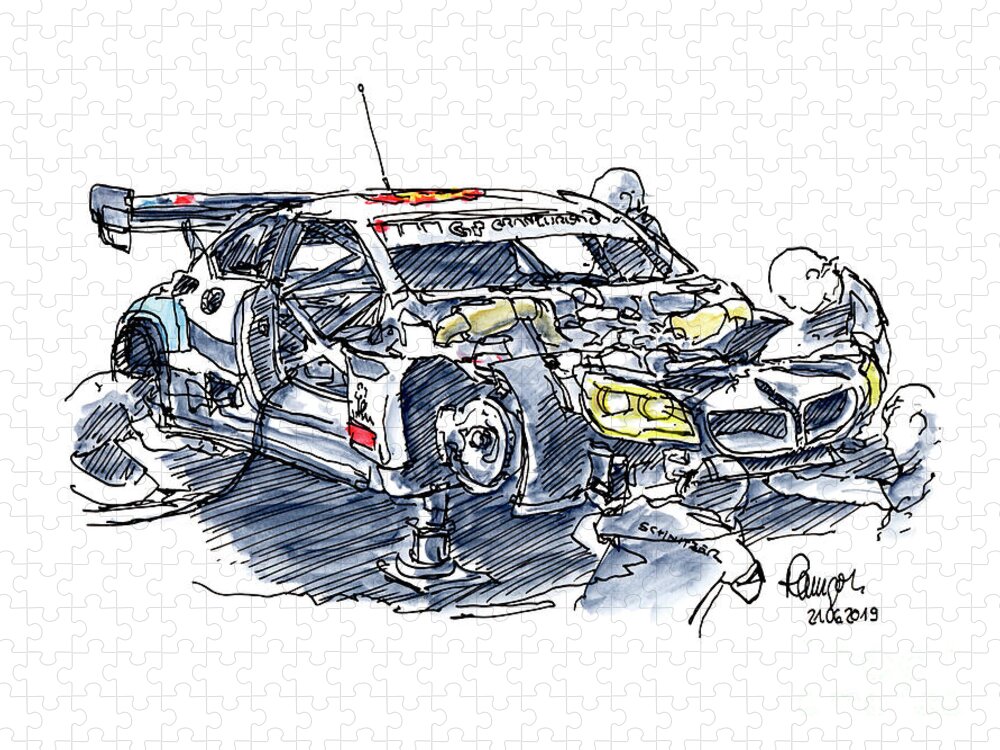 Schnitzer Puzzle featuring the drawing Schnitzer BMW M6 GT3 Racecar Ink Drawing and Watercolor by Frank Ramspott