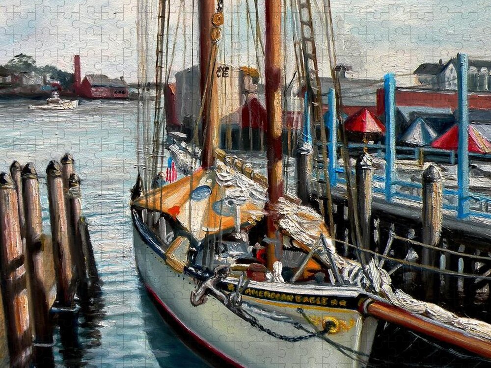Gloucester Jigsaw Puzzle featuring the painting Schooner American Eagle, Gloucester, MA by Eileen Patten Oliver