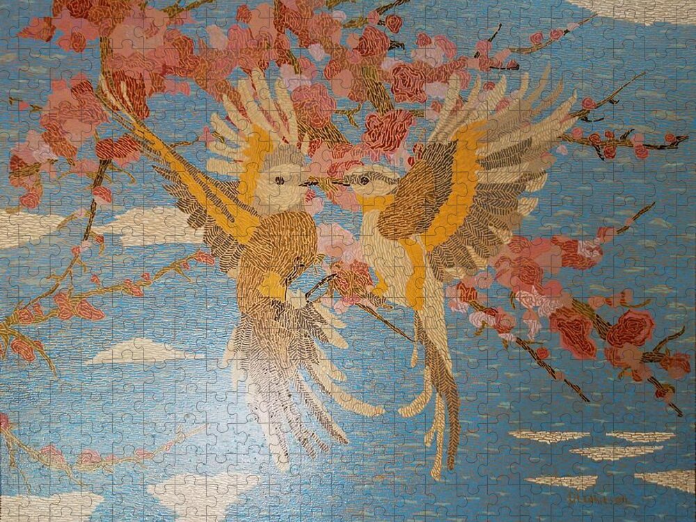 Scissortail Jigsaw Puzzle featuring the painting Scissortails in Cherry Blossoms by DLWhitson