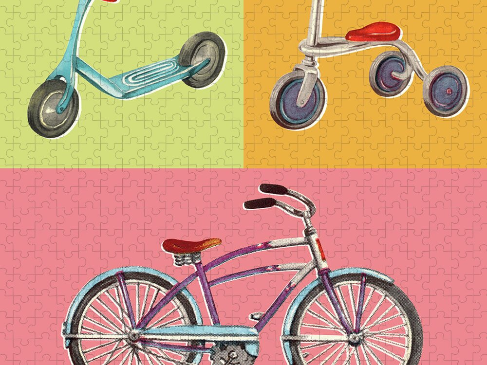 Activity Jigsaw Puzzle featuring the drawing Scooter Tricycle and Bicycle by CSA Images