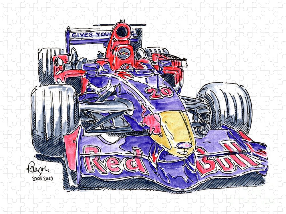 Scuderia Toro Rosso Str1 Jigsaw Puzzle featuring the drawing Scuderia Toro Rosso STR1 Formula 1 Racecar Ink Drawing and Water by Frank Ramspott