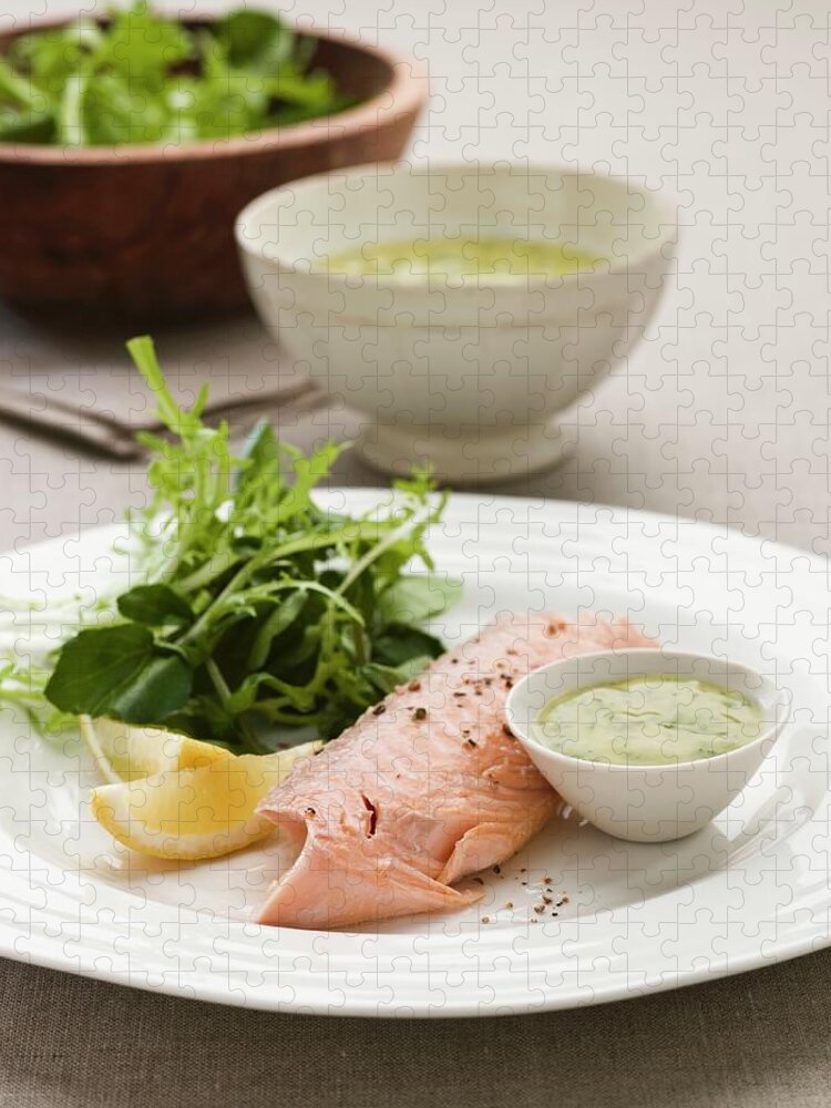 Ip_11190917 Jigsaw Puzzle featuring the photograph Sea Trout Fillet With Salad Leaves And A Herb Sauce by Lingwood, William