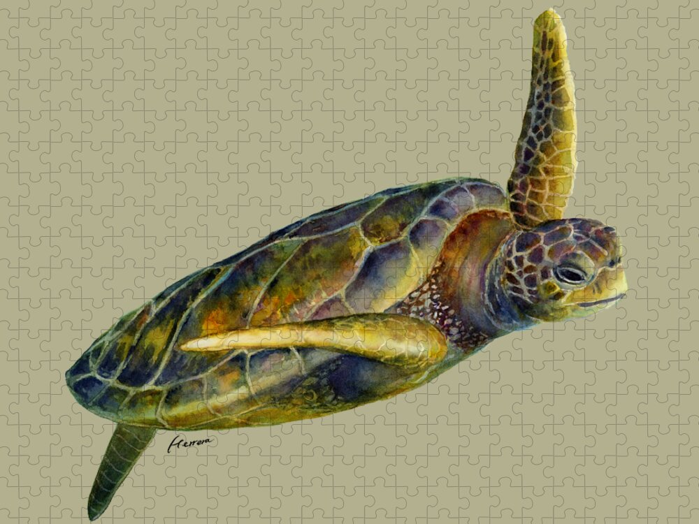 Underwater Jigsaw Puzzle featuring the painting Sea Turtle 2-Solid background by Hailey E Herrera
