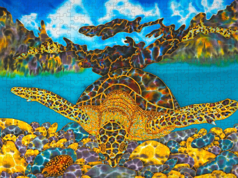 Sea Turtle Jigsaw Puzzle featuring the painting Sea Turtle and Atlantic Cowrie Shell by Daniel Jean-Baptiste