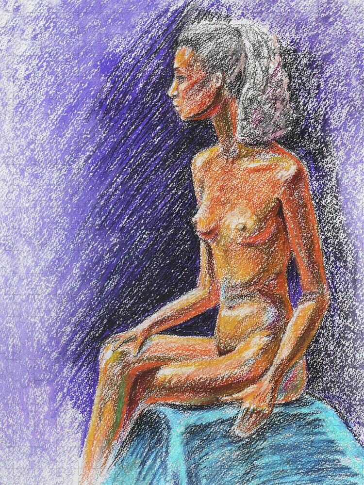 Nude Jigsaw Puzzle featuring the painting Seated Nude Model Study In Pastel by Irina Sztukowski