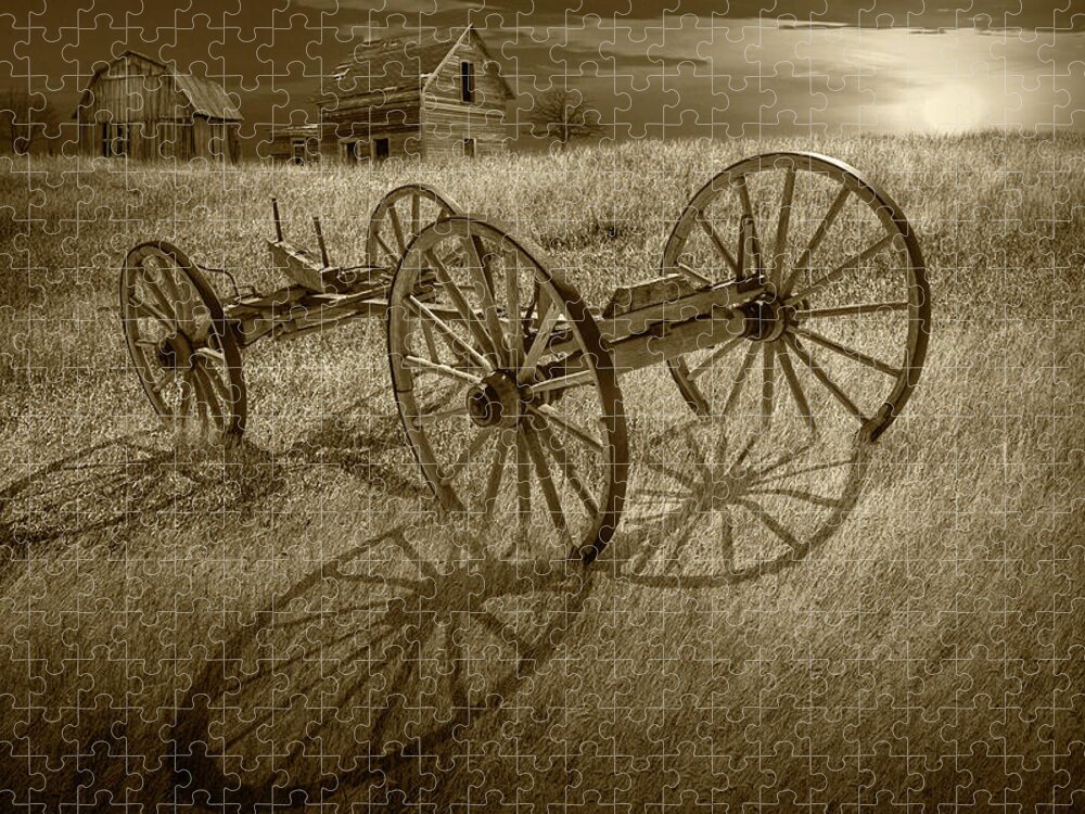 Farm Jigsaw Puzzle featuring the photograph Sepia Tone Photograph of a Farm Wagon Chassis in a Grassy Field by Randall Nyhof