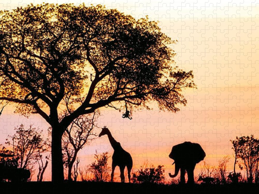 Big Jigsaw Puzzle featuring the photograph Silhouette Of African Safari Scene by Susan Schmitz