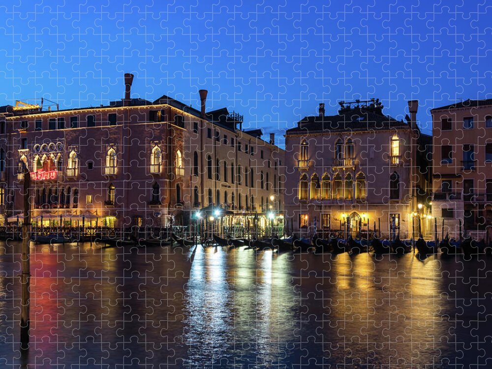Canalazzo Jigsaw Puzzle featuring the photograph Silky Nightfall on the Grand Canal - Canalazzo Venice Italy by Georgia Mizuleva