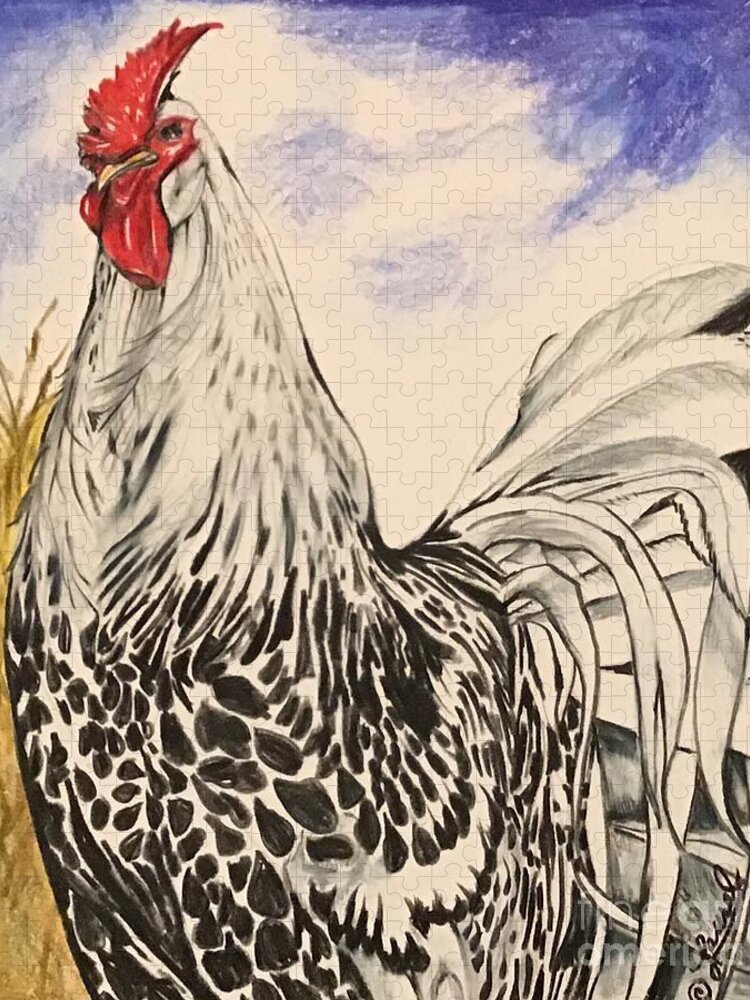 Rooster Jigsaw Puzzle featuring the drawing Silver Spangled Hamburg Rooster, Coloured by Laurel Adams