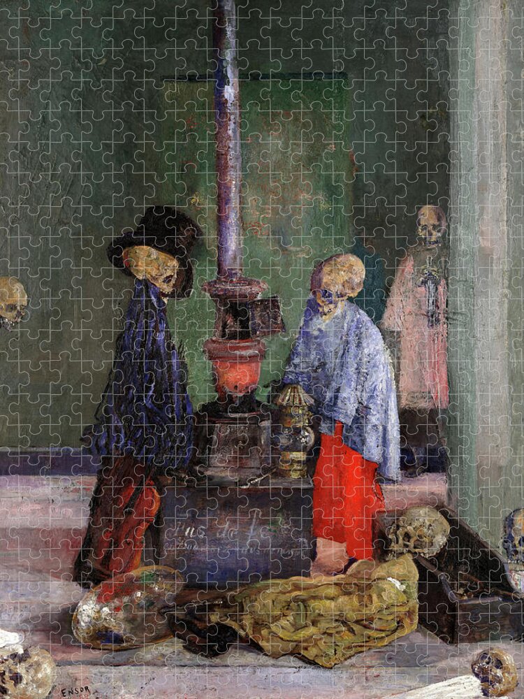 James Ensor Jigsaw Puzzle featuring the painting Skeletons Warming Themselves, 1889 by James Ensor
