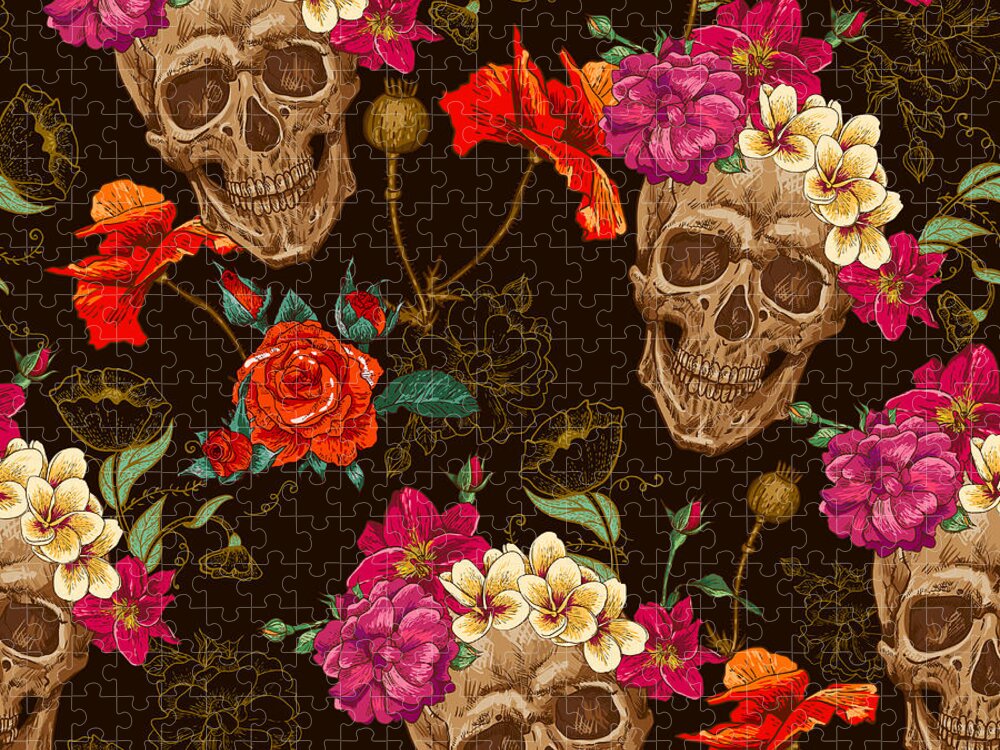 Symbol Jigsaw Puzzle featuring the digital art Skull And Flowers Seamless Background by Depiano