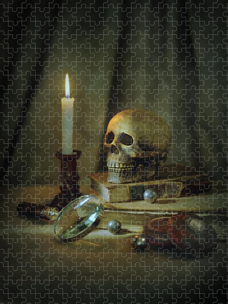 Education Jigsaw Puzzle featuring the photograph Skull, Magnifying Glass, Candle And by Chris Clor