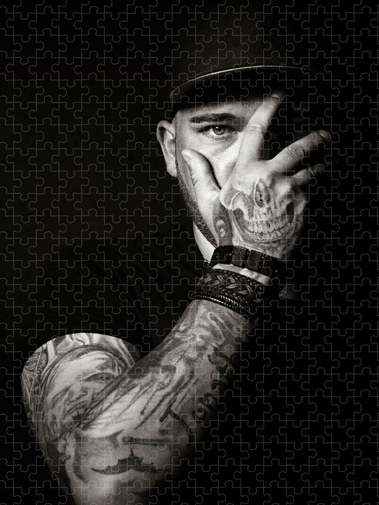Tattoo Jigsaw Puzzle featuring the photograph Skull tattoo on hand covering face by Johan Swanepoel