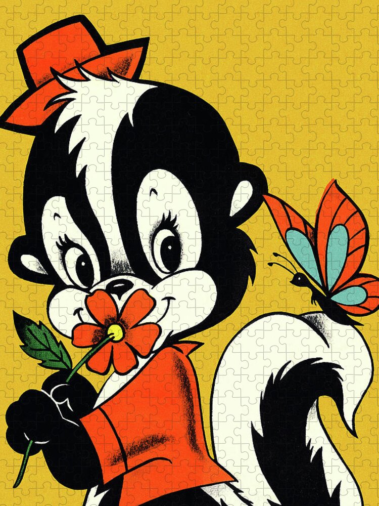 Accessories Jigsaw Puzzle featuring the drawing Skunk Smelling a Flower by CSA Images